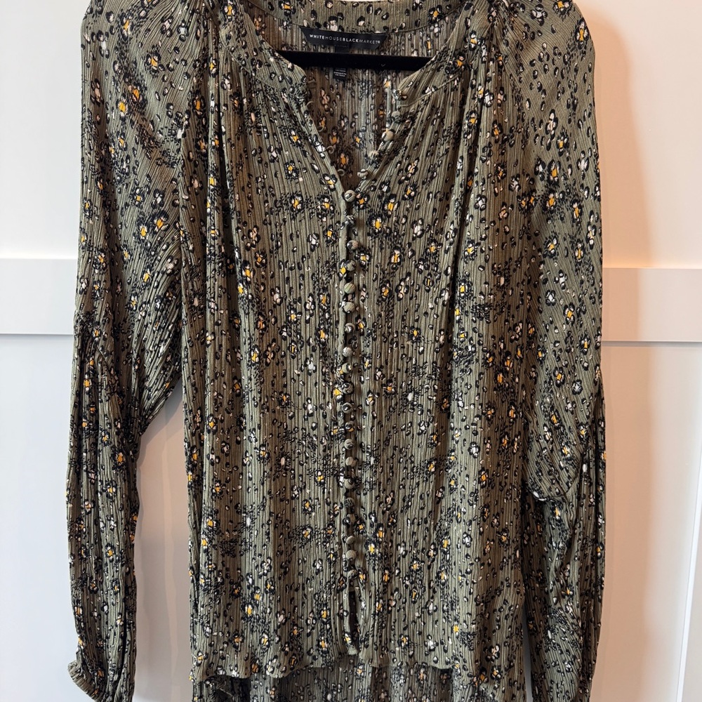White House Black Market Green Tan Buttoned Blouse